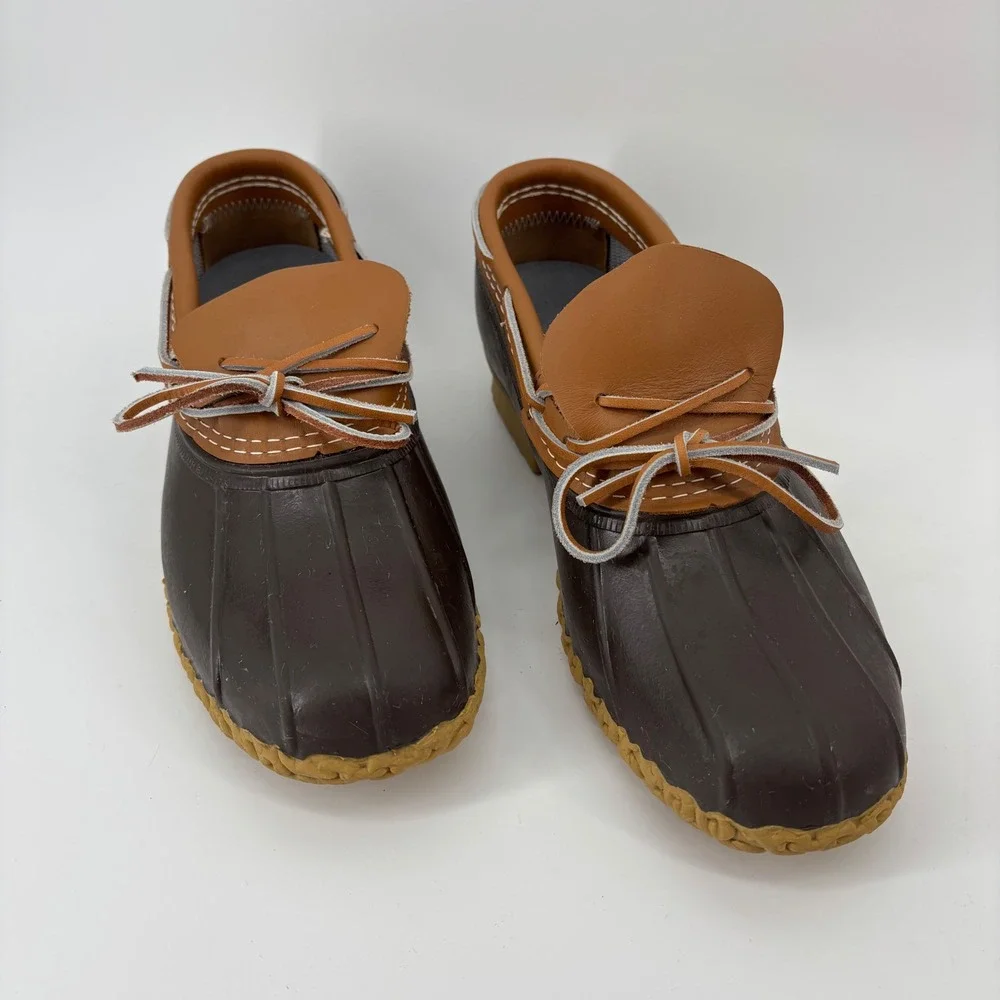 L.L. Bean Mens Rubber Moc Size 9 Brown Tan Duck Shoes Low Top Leather Rain Gear